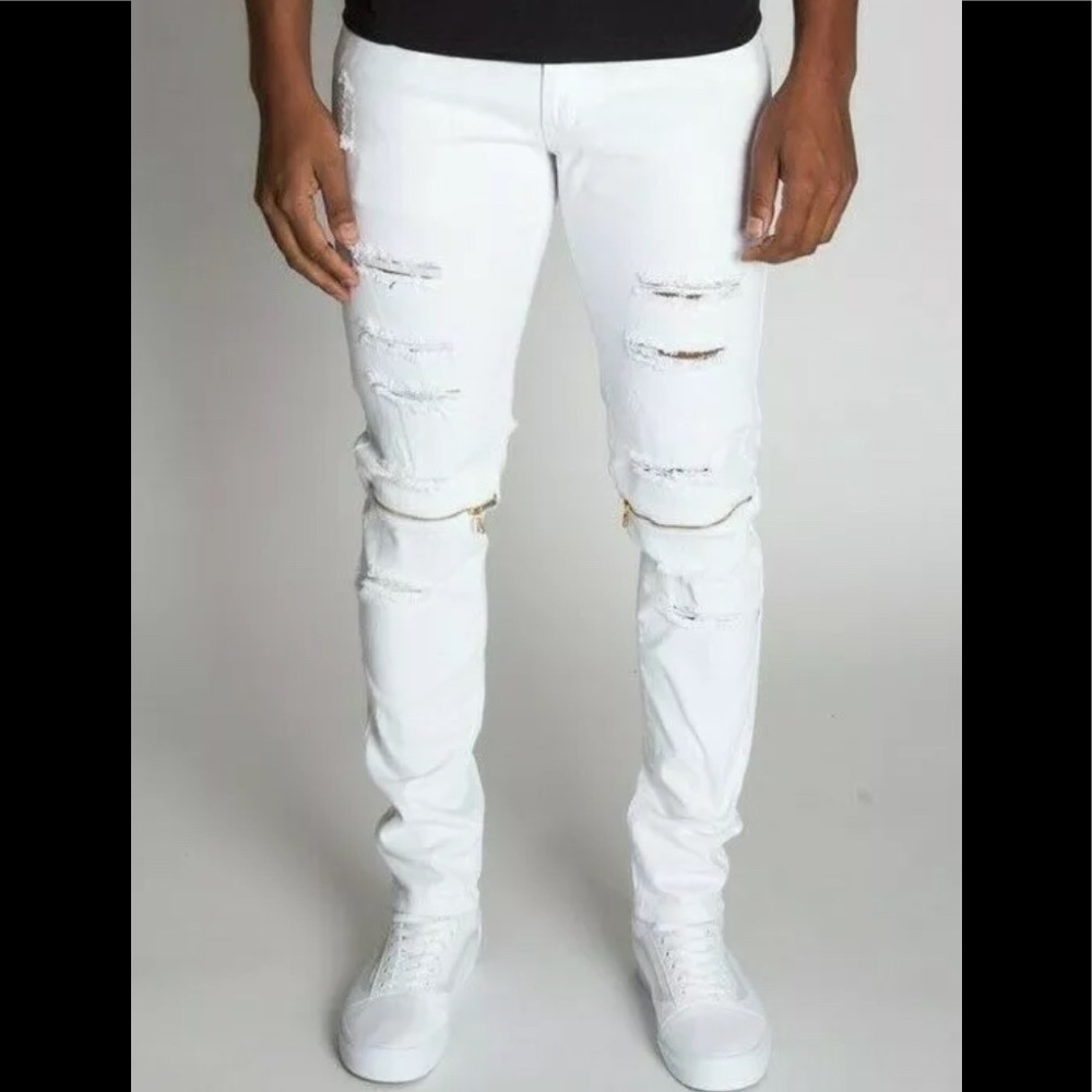 Men’s trendy skinny destroyed gold zipper details